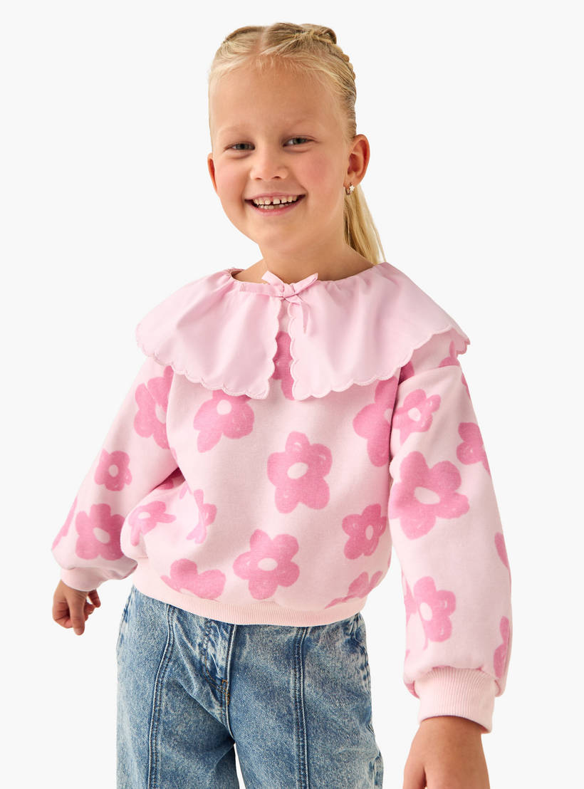 Juniors Girls Peter Pan Collar Sweatshirt with Floral Print - Long Sleeves