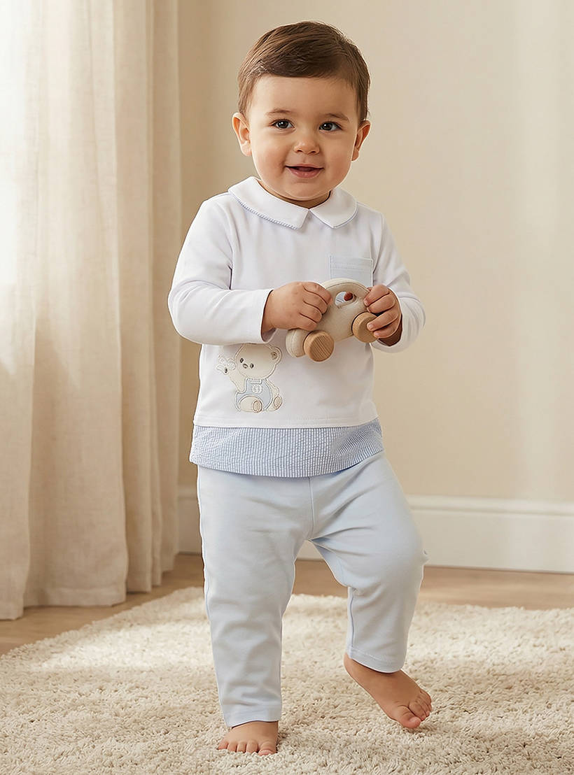 Giggles Bear Applique Long Sleeves T-shirt and Pyjama Set