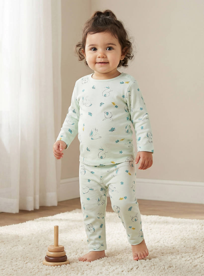 Juniors Pyjama Set with Bear Print - Cotton - Long Sleeves - Crew Neck