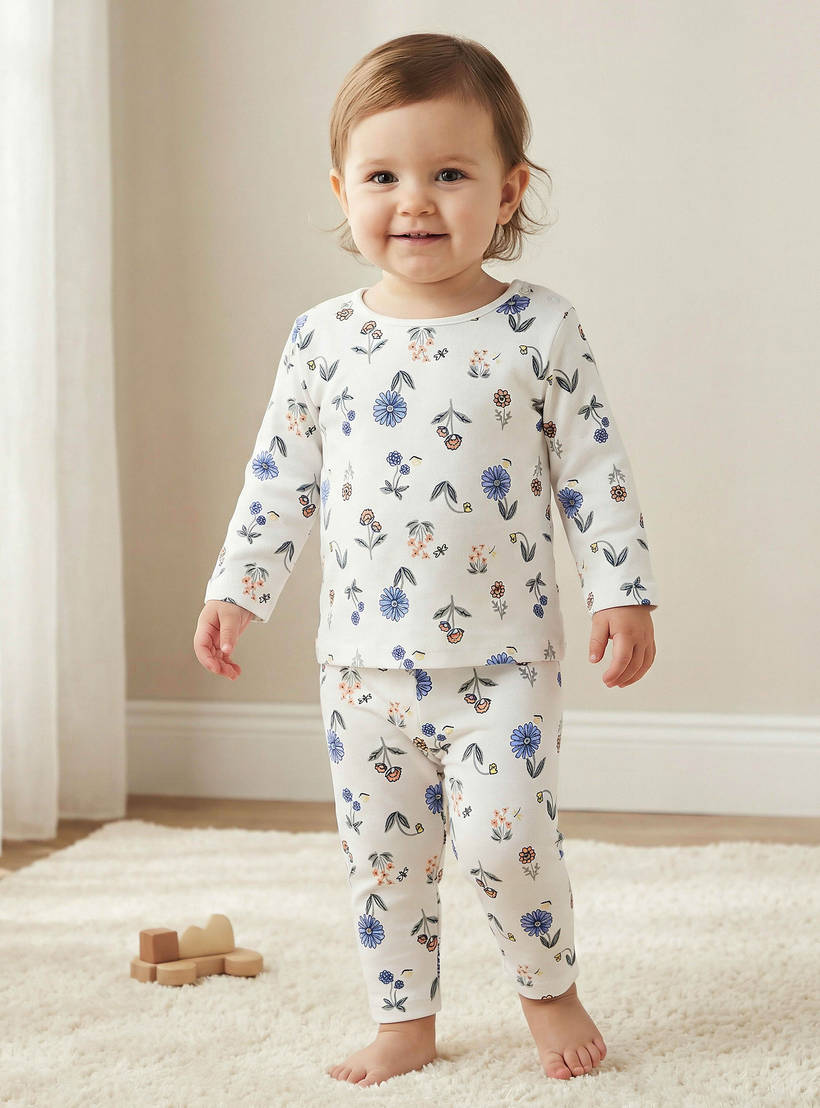 Juniors Cotton Round Neck Long Sleeves Pyjama Set with Floral Print