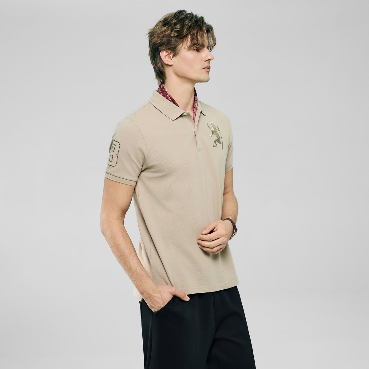 Men’s Slim Fit 3D Lion Embroidery Lycra Pique Polo