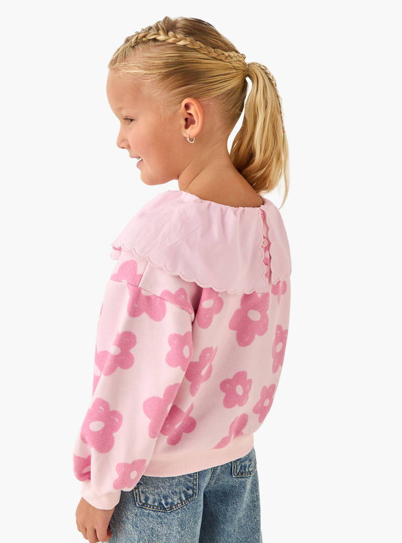 Juniors Girls Peter Pan Collar Sweatshirt with Floral Print - Long Sleeves