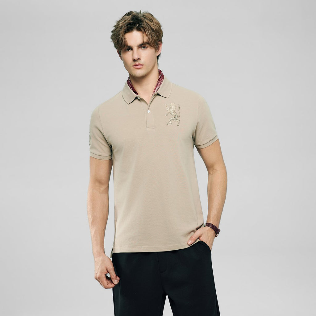 Men’s Slim Fit 3D Lion Embroidery Lycra Pique Polo