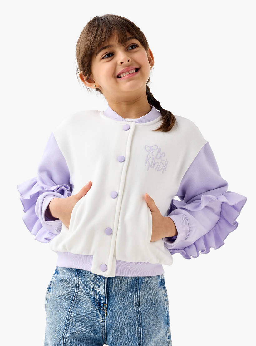 Juniors Ruffled Mandarin Collar Jacket with Pockets